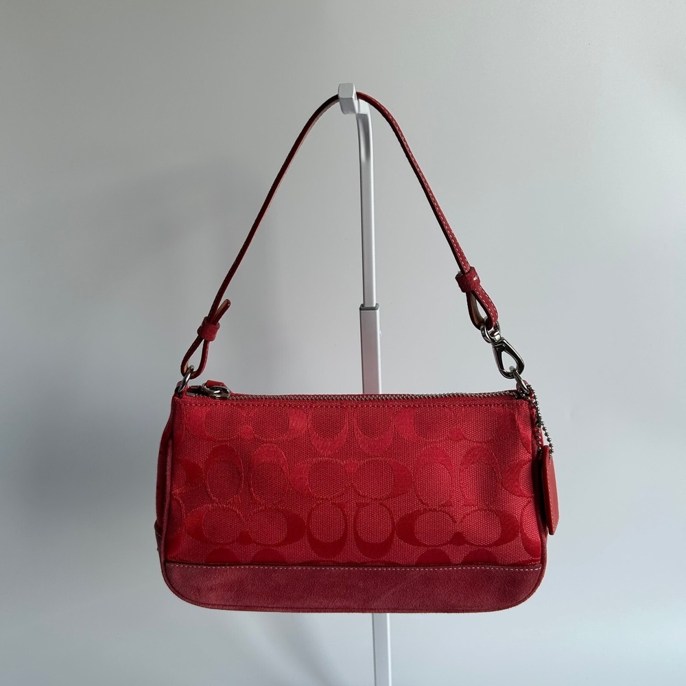 Coach Signature Jacquard Mini Demi Pouch Shoulder Bag Red Canvas Suede Trim 6094